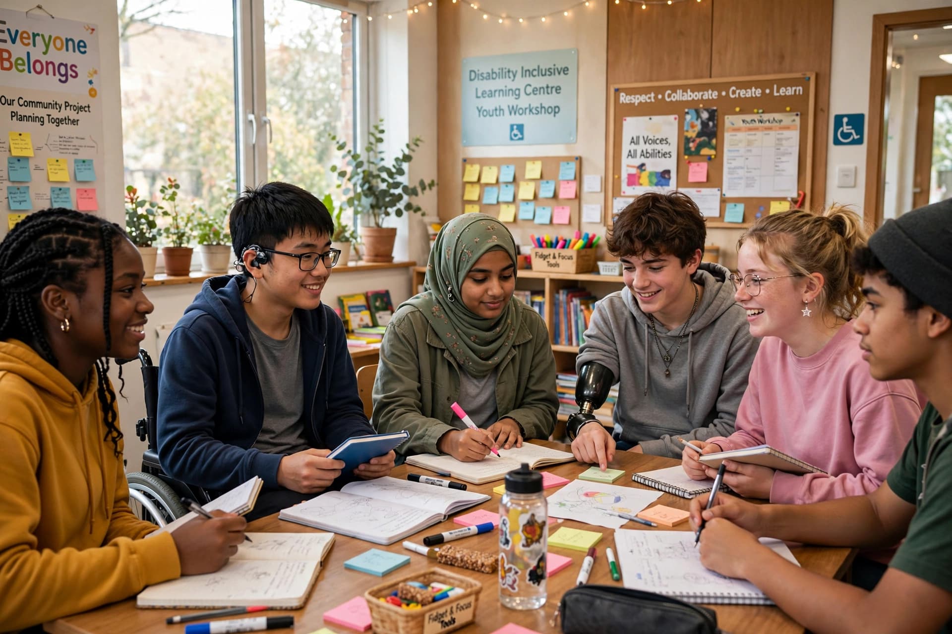 Illustration of a workshop at an inclusive learning centre, with young people planning a project together.