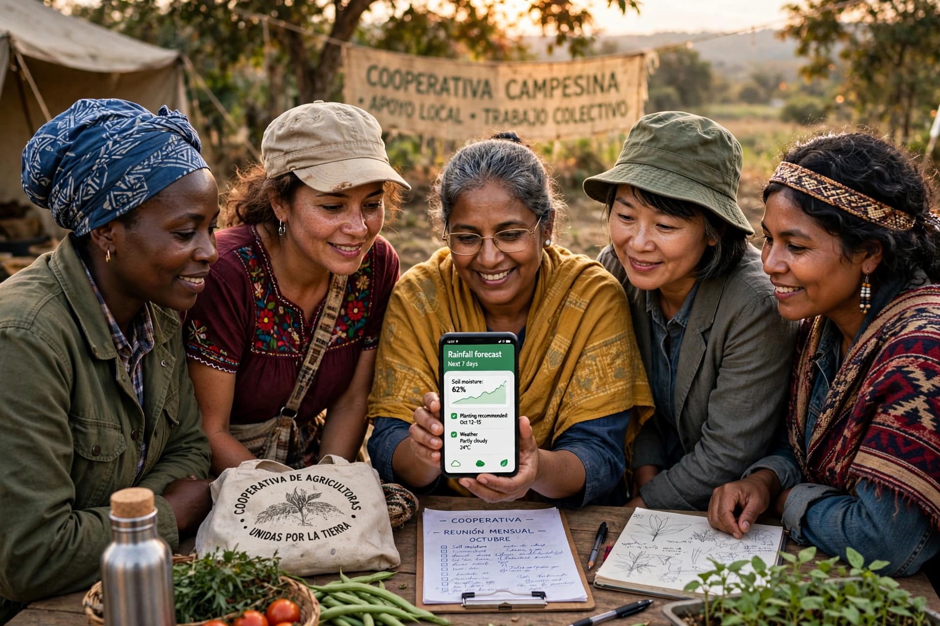 Illustration of five women from a farming cooperative looking together at a weather forecast on a phone.