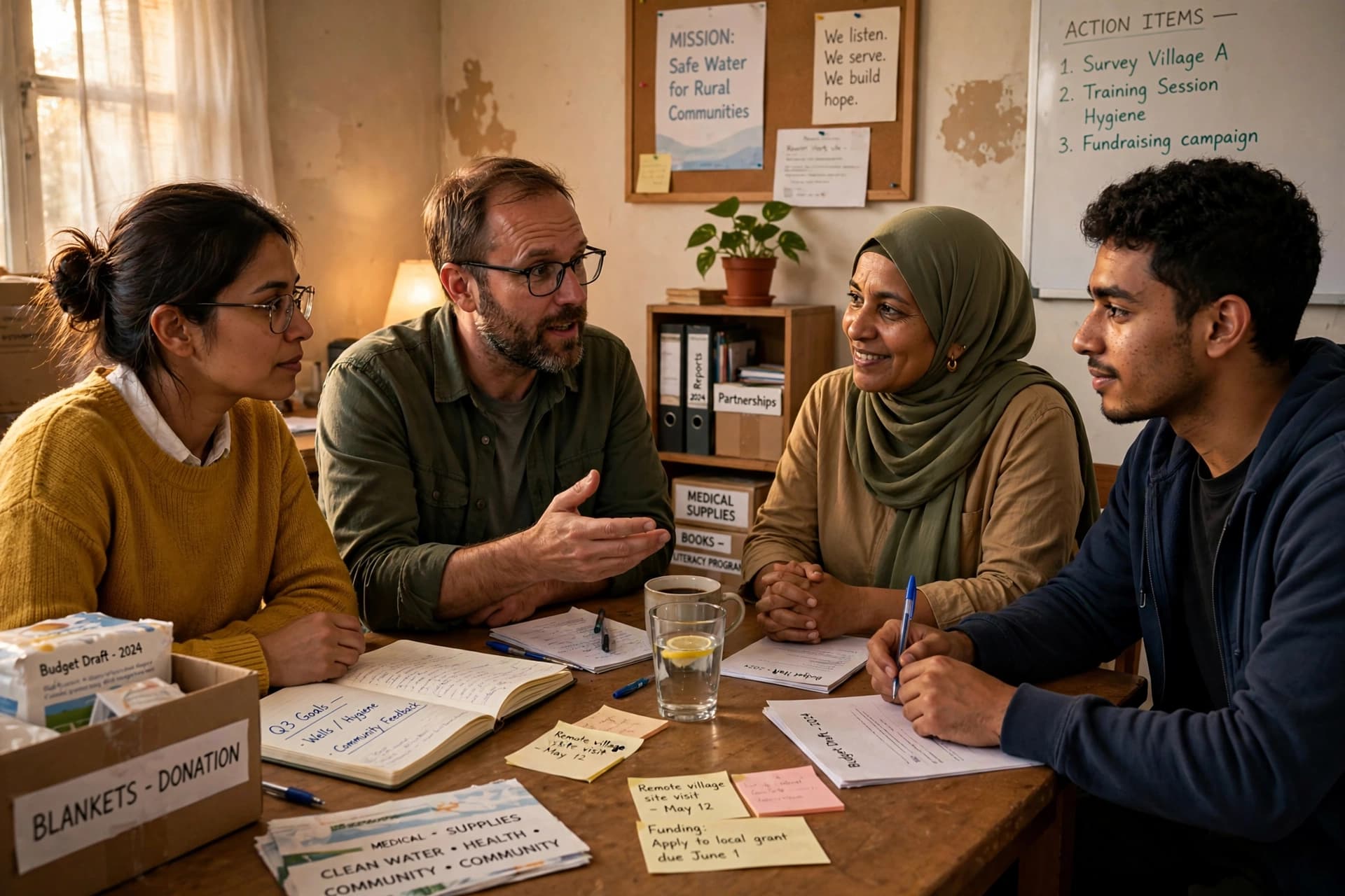 Illustration of four colleagues in a small nonprofit office discussing plans around a table of notes and supplies.