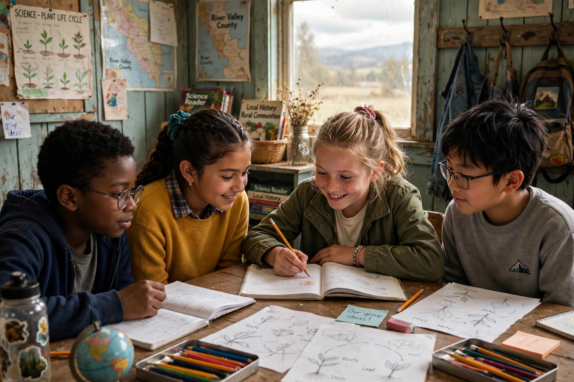 Illustration of four pupils working together on a science exercise at a classroom table.